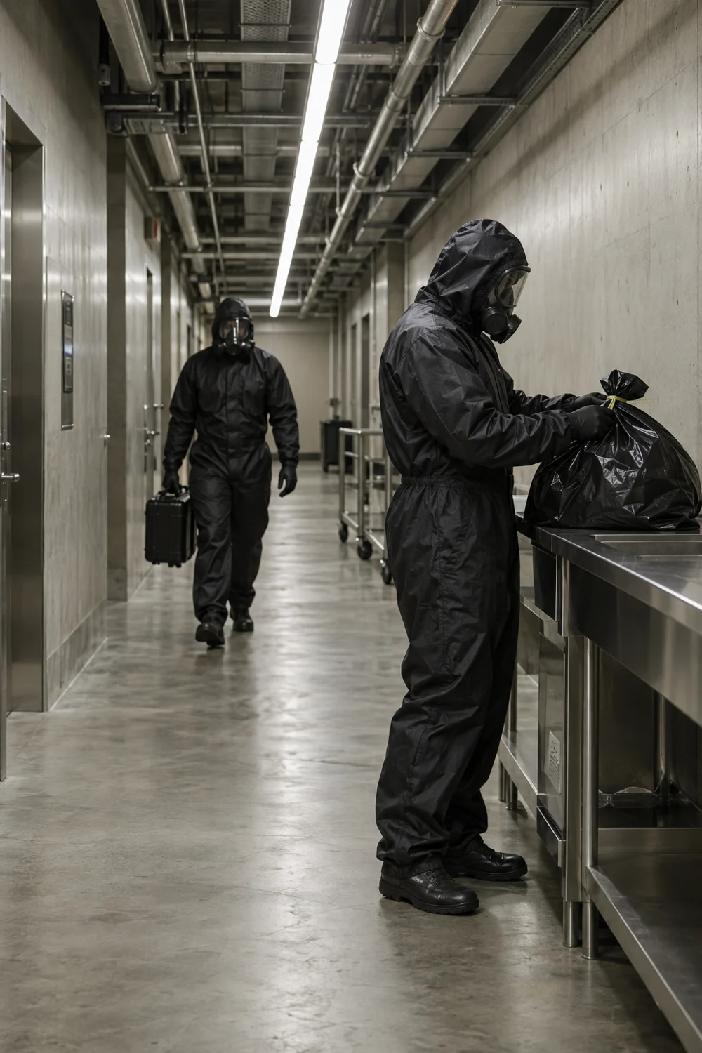 Two AFTER specialists securing a black waste bag and carrying field equipment in a service corridor