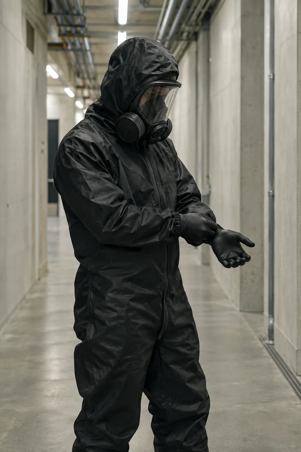 AFTER specialist checking a black protective glove in a concrete service corridor
